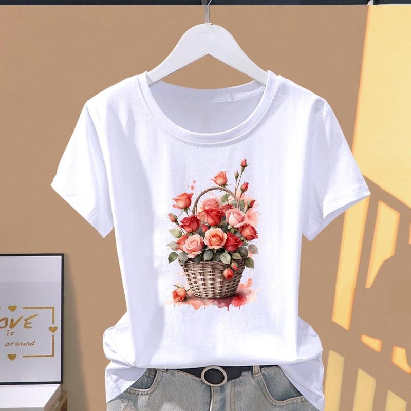 (Asian Size) Short Sleeve T-shirts flower butterfly trend cute Women's Top T Clothing Print  Fashion Female Casual O-neck Graphic Tee