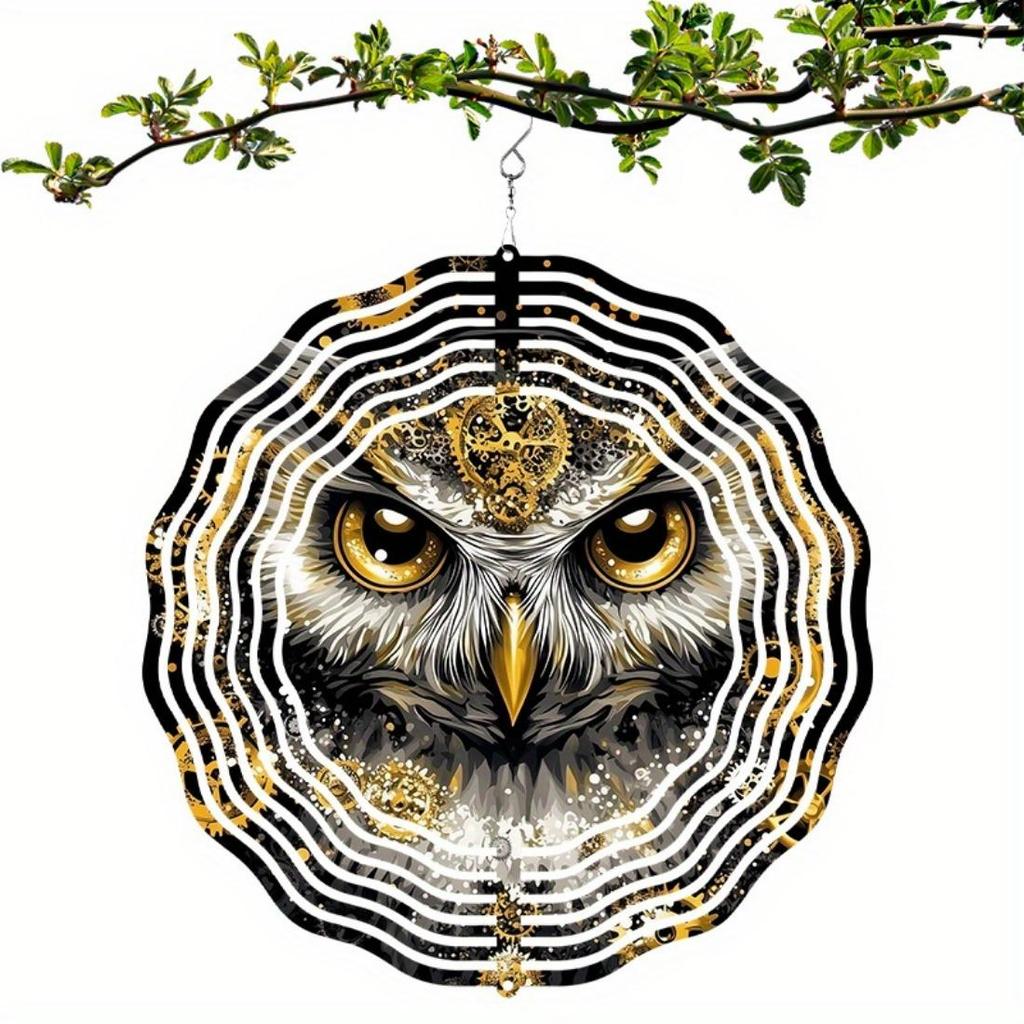 Elegant Owl Wind Spinner - Luxurious Golden & Black Metal Garden Sculpture, 2D Outdoor Decor with Intricate Feather Patterns, No Power Required