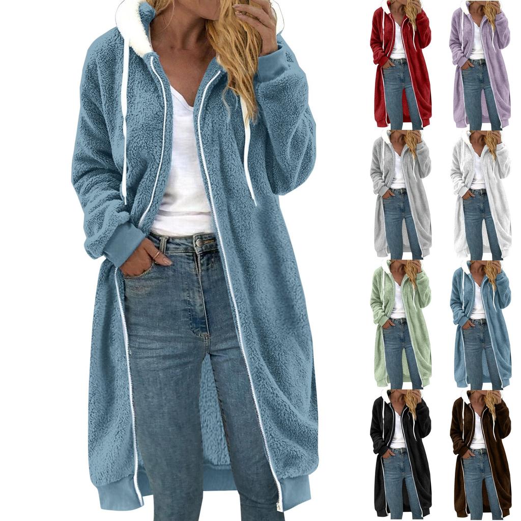 Women's Medium Length Solid Color Double-sided Plush Pocket Hooded Coat