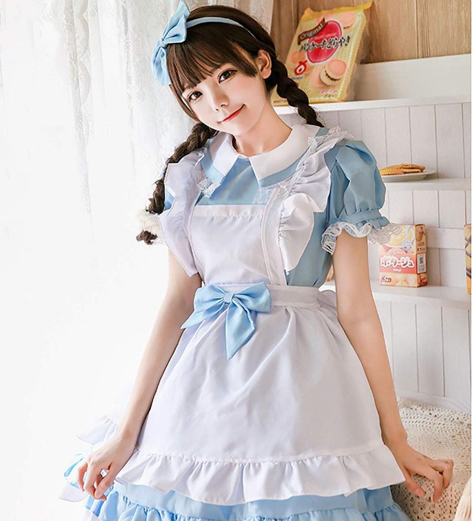 [Milky Time] Костюм горничной, Выбор цветов, Короткий или длинный рукав, Дизайн 2-в-1, Косплей горничной, Хэллоуин (Голубой, М)