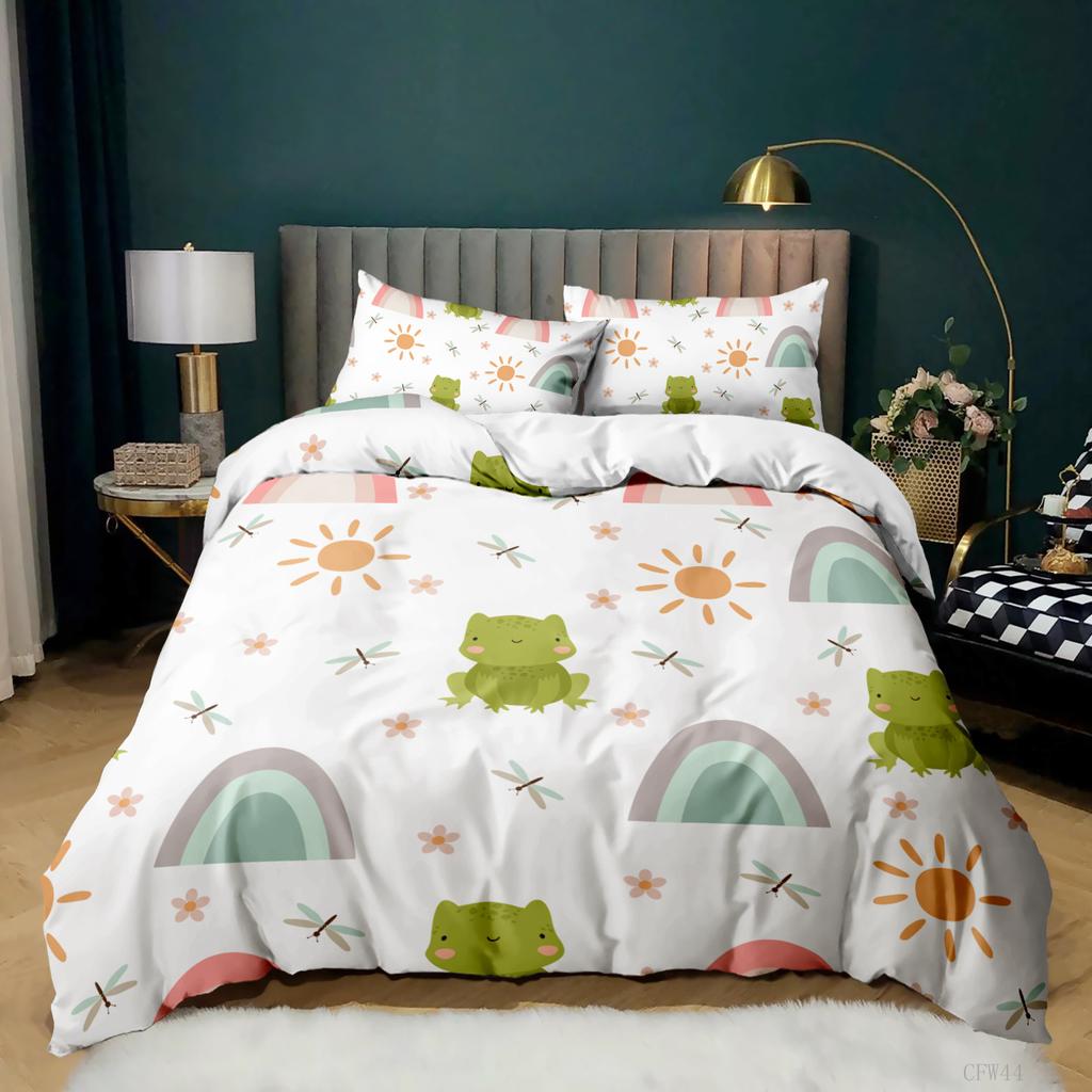 Animal Frogs Duvet Cover Set King Queen Size Green Lovely Cartoon Frog Bedding Set Kids Toad 2/3pcs Polyester Comforter Cover