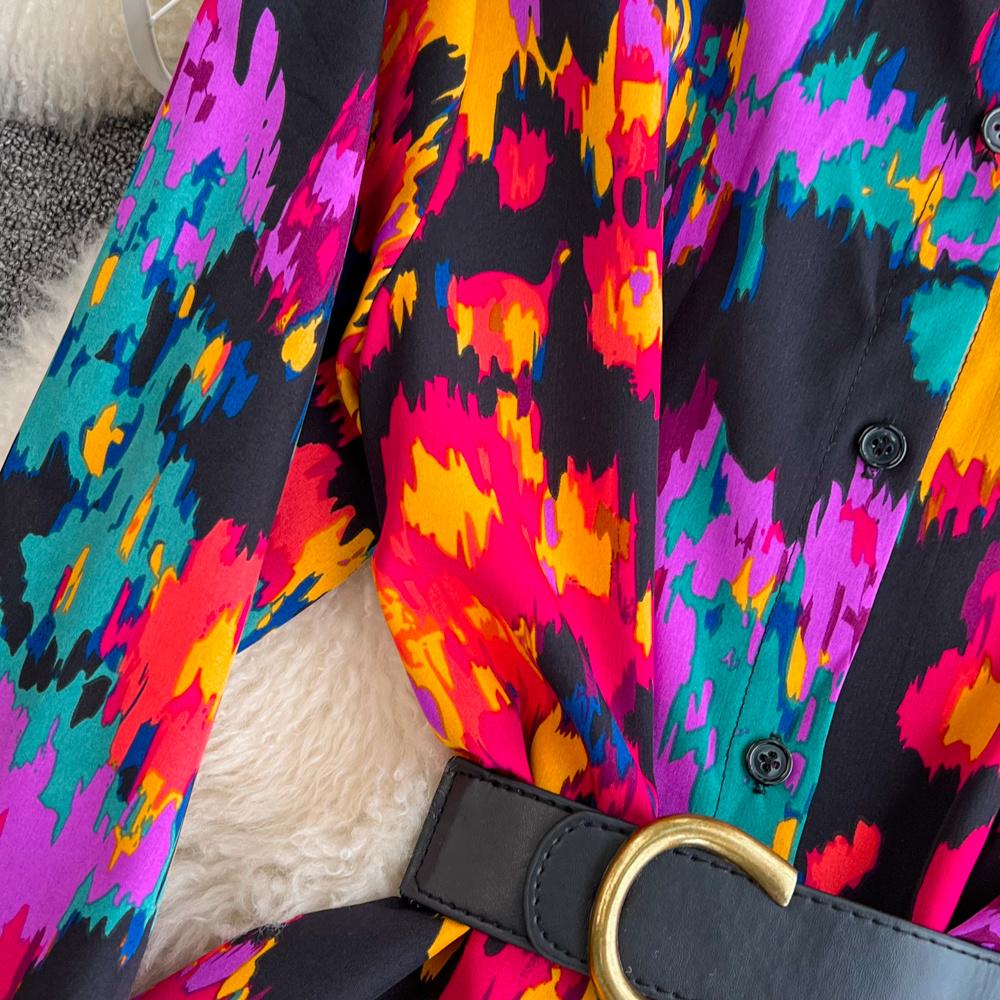 Новое осеннее модное женское платье с цветочным принтом, однобортное однобортное трапециевидное платье с отложным воротником и длинными рукавами, винтажные вечерние платья миди