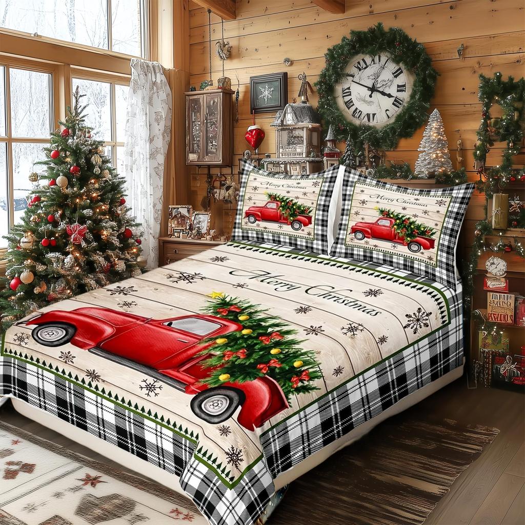 Geometric Grid Christmas Tree Three-Piece Digital Printed Bedding Set Bed Cover