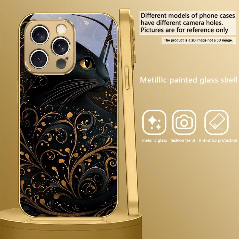 Фантастический черный кот Для IPhone 17Pro Max 16 17 Pro 15 Pro 14 13 Plus 12 Mini 11Pro Max XR 16E 17 Air Золотой стеклянный чехол для телефона