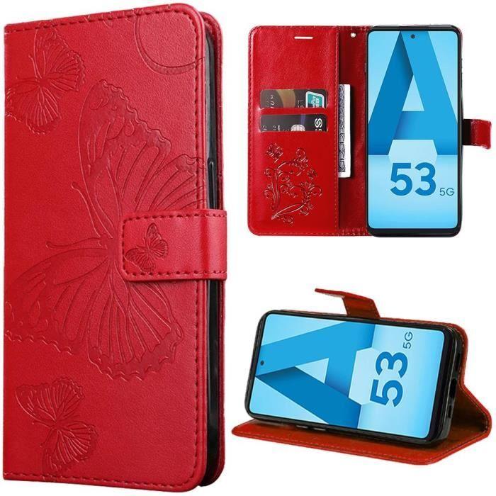 Coque - BOOLING - pour Samsung Galaxy A53 5G - Rouge - Motif Papillon - Effet Cuir