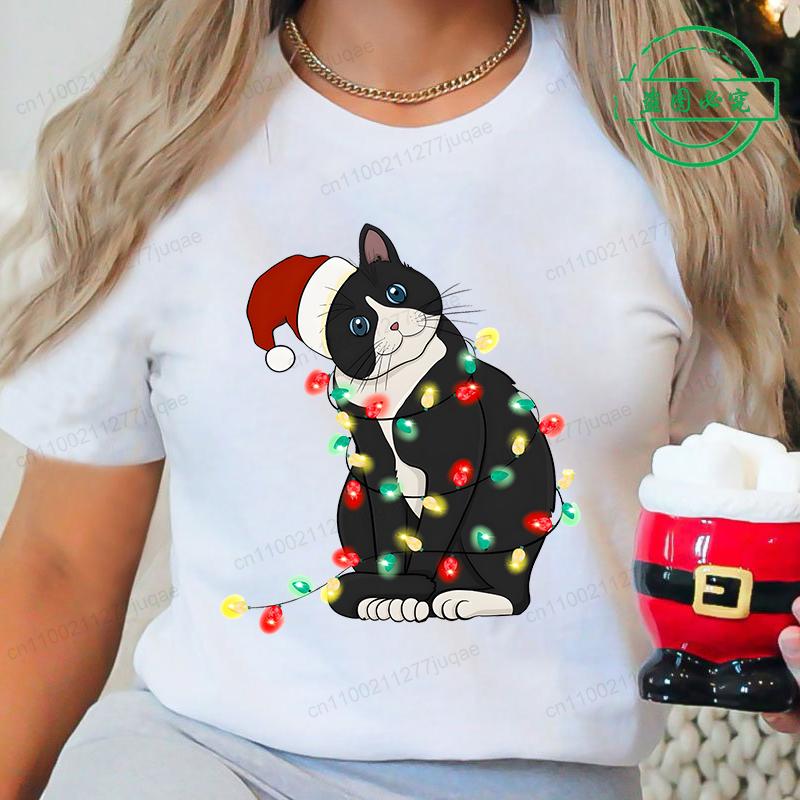 Christmas Black Cat Printed T-shirt Men's and Women's Casual Short Sleeved T-shirt Christmas Travel Pattern Printed Top T-shirt Clothing