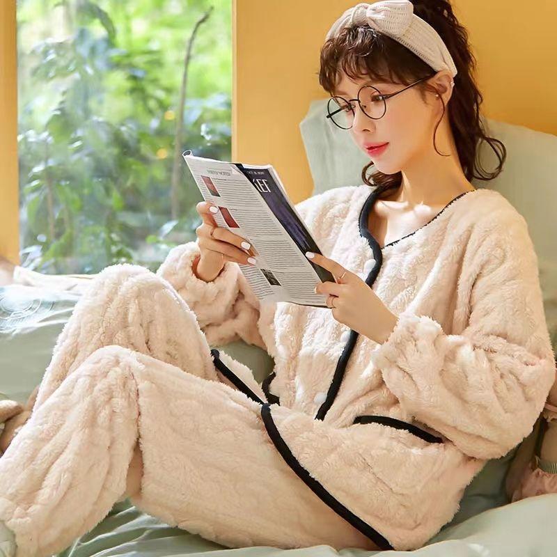 Пижама женская осень/зима фланелевая флисовая плотная ночная рубашка длинная милая коралловая флисовая домашняя одежда комплект можно носить на улице удобно