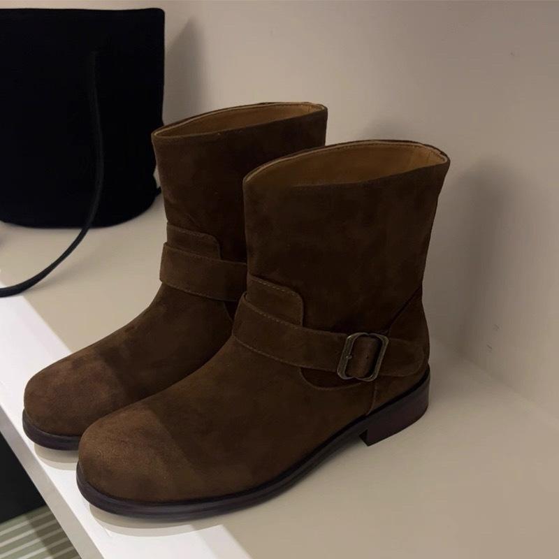 Версия из овчины~ ретро замшевые матовые с круглым носком на толстом каблуке с ремешком и пряжкой короткие ботинки женские 2025 ковбойские ботинки в западном стиле ботинки Мартин