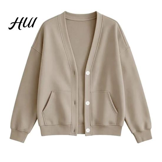 V Neck Cardigan Women Button Front V-Neck Cardigan, Solid Color Oversized Sweatshirt with Fall Winter Top Dual Pockets, Long Sleeve Casual Jacket for