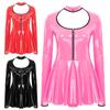 Womens Wet Look PVC Leather Mini Pleated Dress Cutout Zipper Club Party Dress