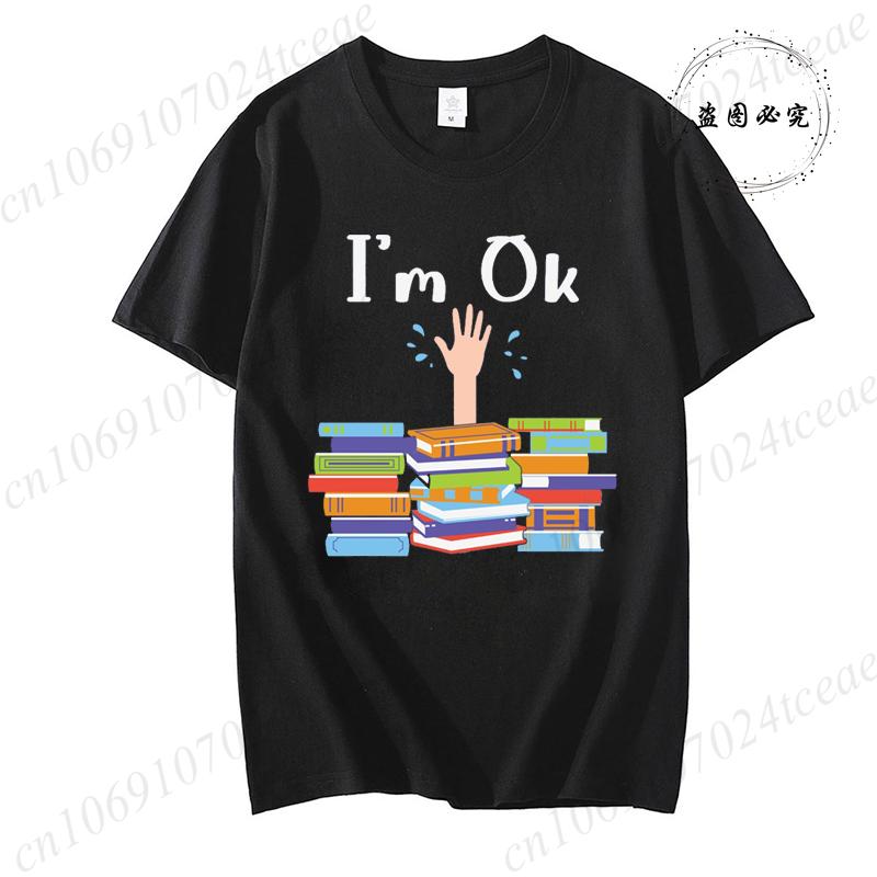Unisex Funny Book Print Tshirt Girl Short Sleeve Crew Neck Casual Top for Summer Spring Im Ok Bookish Reading Unisex Clothing