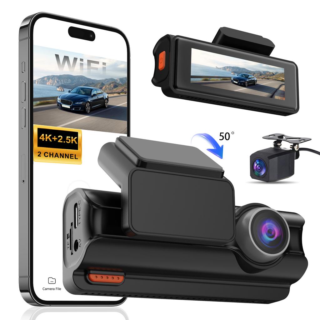 Новый 4K видеорегистратор, двойная камера, WiFi, Автомобильный DVR, Запись спереди и сзади, 4K+2.5K, Мониторинг парковки, G-сенсор, Циклическая запись