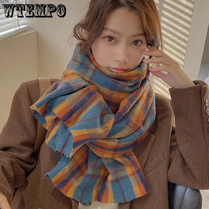 WTEMPO Women Autumn Winter Outdoor Long Plaid Scarf Ladies Windproof Cold-proof Versatile Casual Warm Retro Scarf