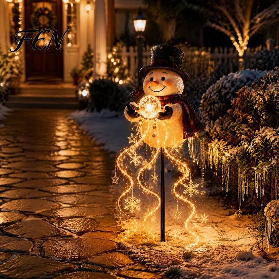 Weather Resistant Garden Decor Solar Snowman Light with Flowing Snowflakes, LED Christmas Waterfall Theme Yard Art Lighting Star, Weatherproof Outdoor