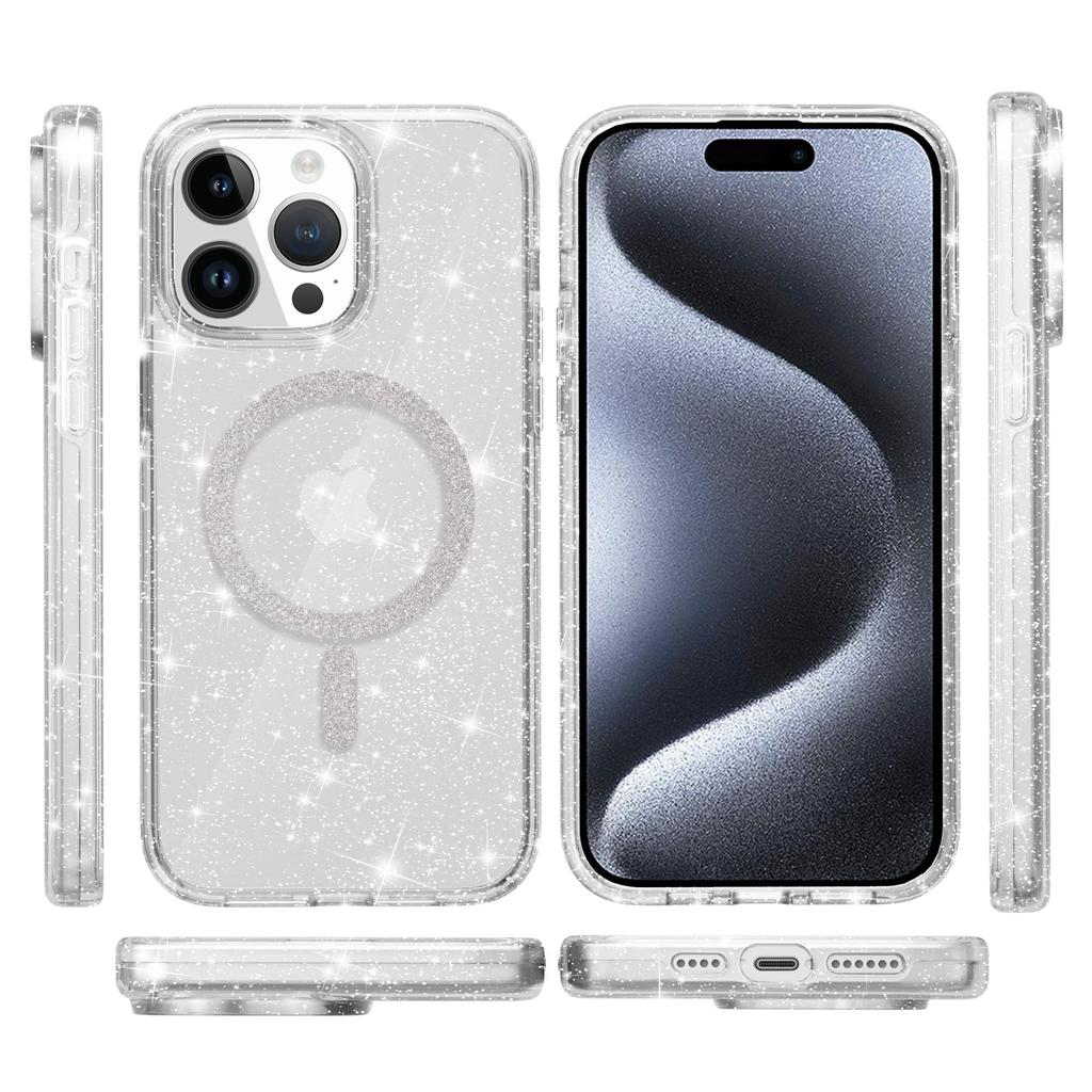 For iPhone 15 Pro Max Phone Case Compatible with MagSafe Glitter PC+TPU Hybrid Shockproof Cover