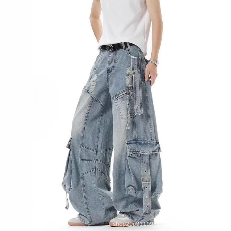 Тяжелые деконструированные стримерские джинсы мужские и женские осенние уличные многокарманные рваные широкие брюки