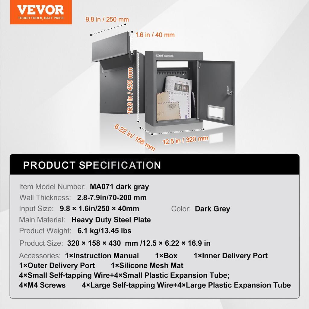 Through The Wall Drop Box 12.5x6.3x16.9" Mailbox with Code Lock Dark Gray
