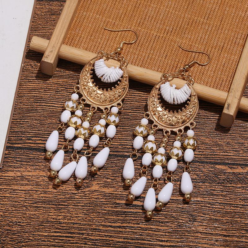 Bohemian Rice Bead Fringed Earrings Exaggerated Long Ear Hooks Fashion Ethnic Crescent Earrings