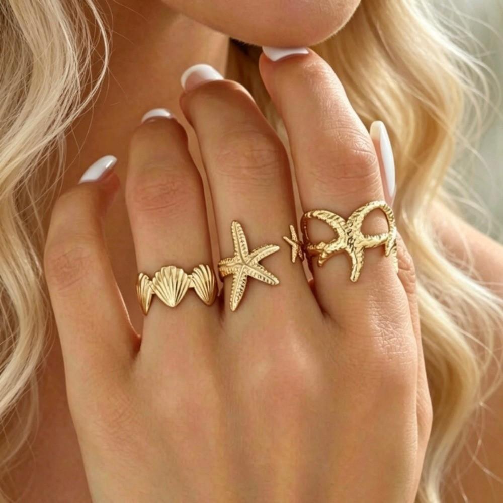 3/5Pcs Metal Finger Open Rings Gold Color Geometric Rings New Starfish Open Ring Set Jewelry