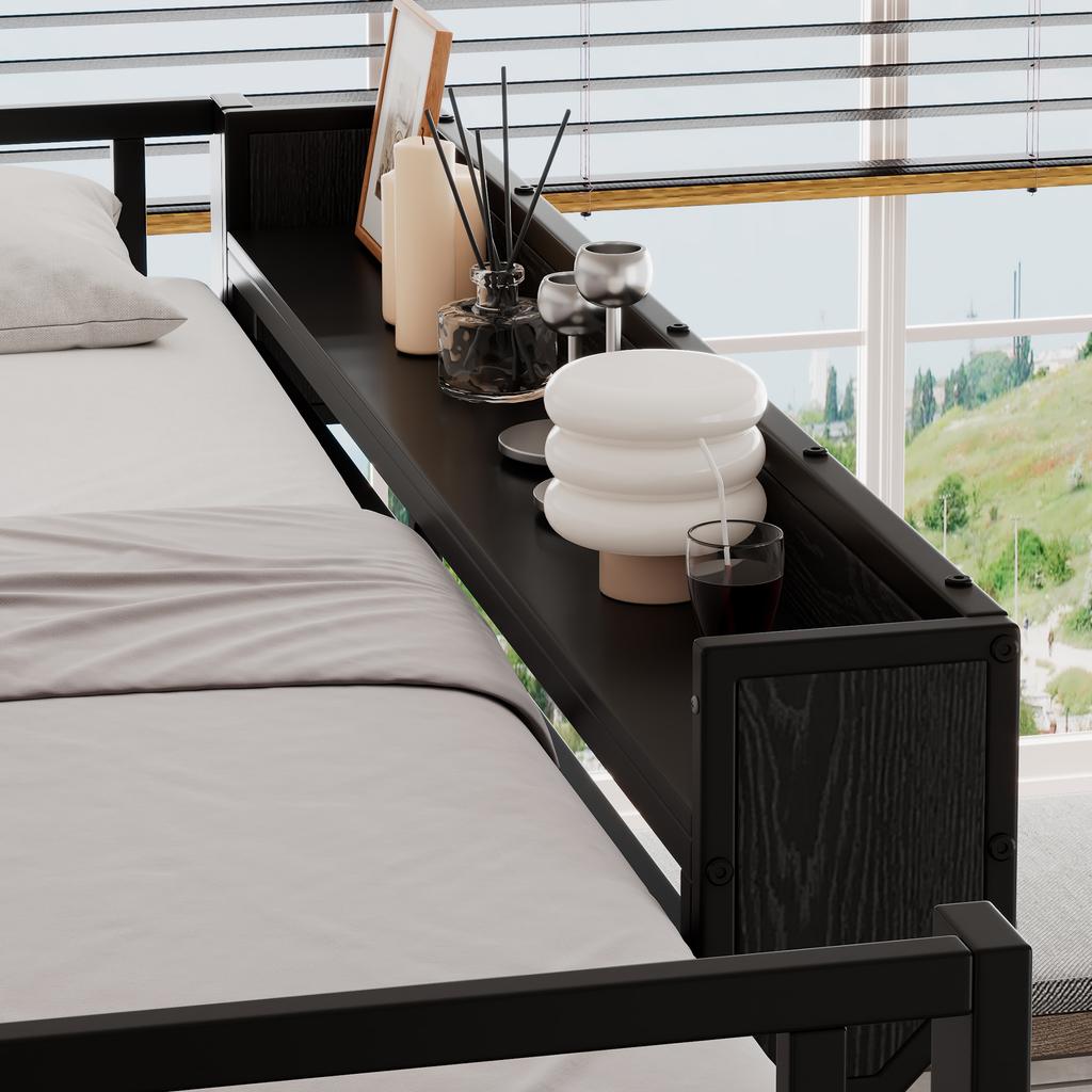 Iron Bed, Loft Bed, Double-Layer Storage Under the Desk, Upper Bed with Storage, With Wardrobe, Iron + MDF, Black, 140x200cm