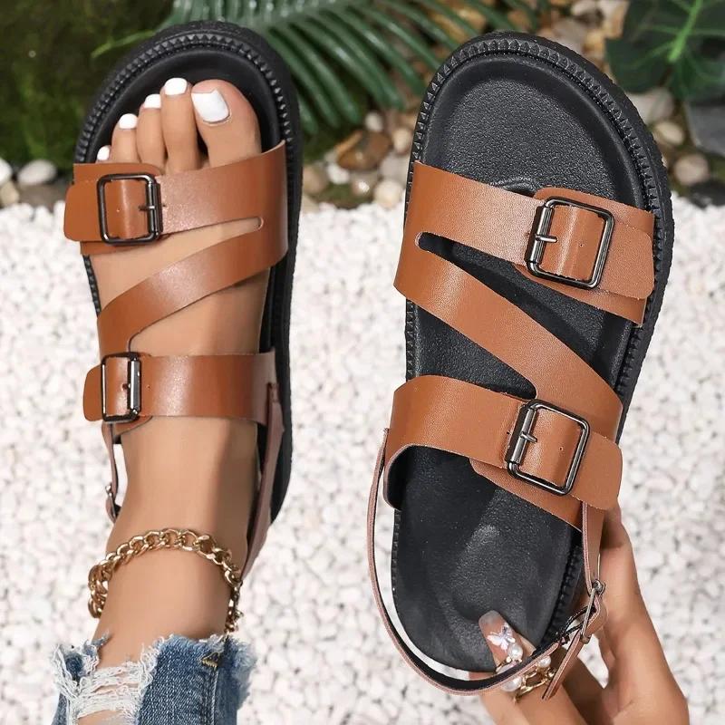 Летние однотонные современные сандалии на среднем каблуке, водонепроницаемые женские сандалии 2024 года, высококачественные женские сандалии на плоской подошве с пряжкой на ремешке