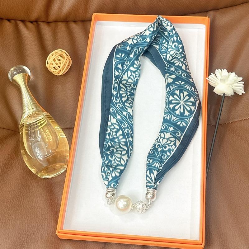 Silk Scarf Women's Spring, Autumn and Summer New Fashion Neck Protection Decoration Long Necklace Type Magnetic Buckle Scarf Small Scarf