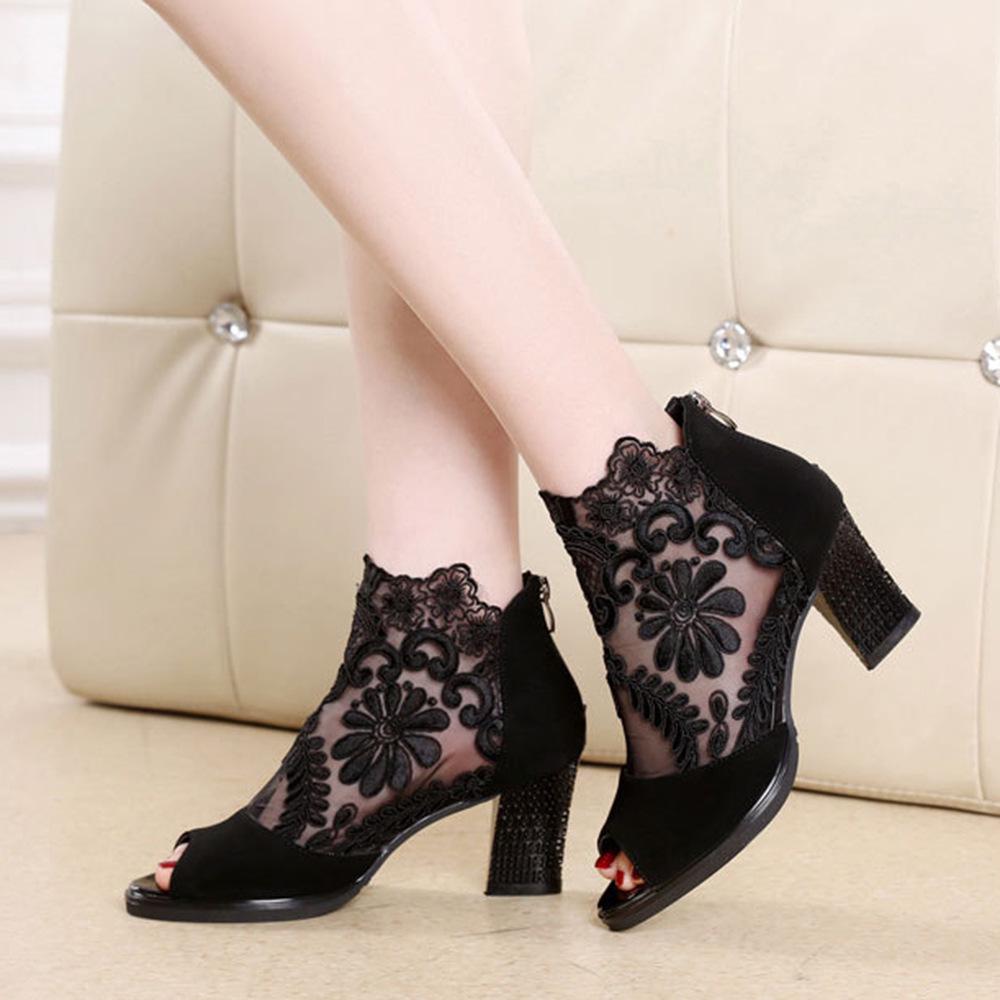 2024 Summer Large Size Mesh High Heels Thick Heel Lace Fish Mouth Sandals Female Manufacturer