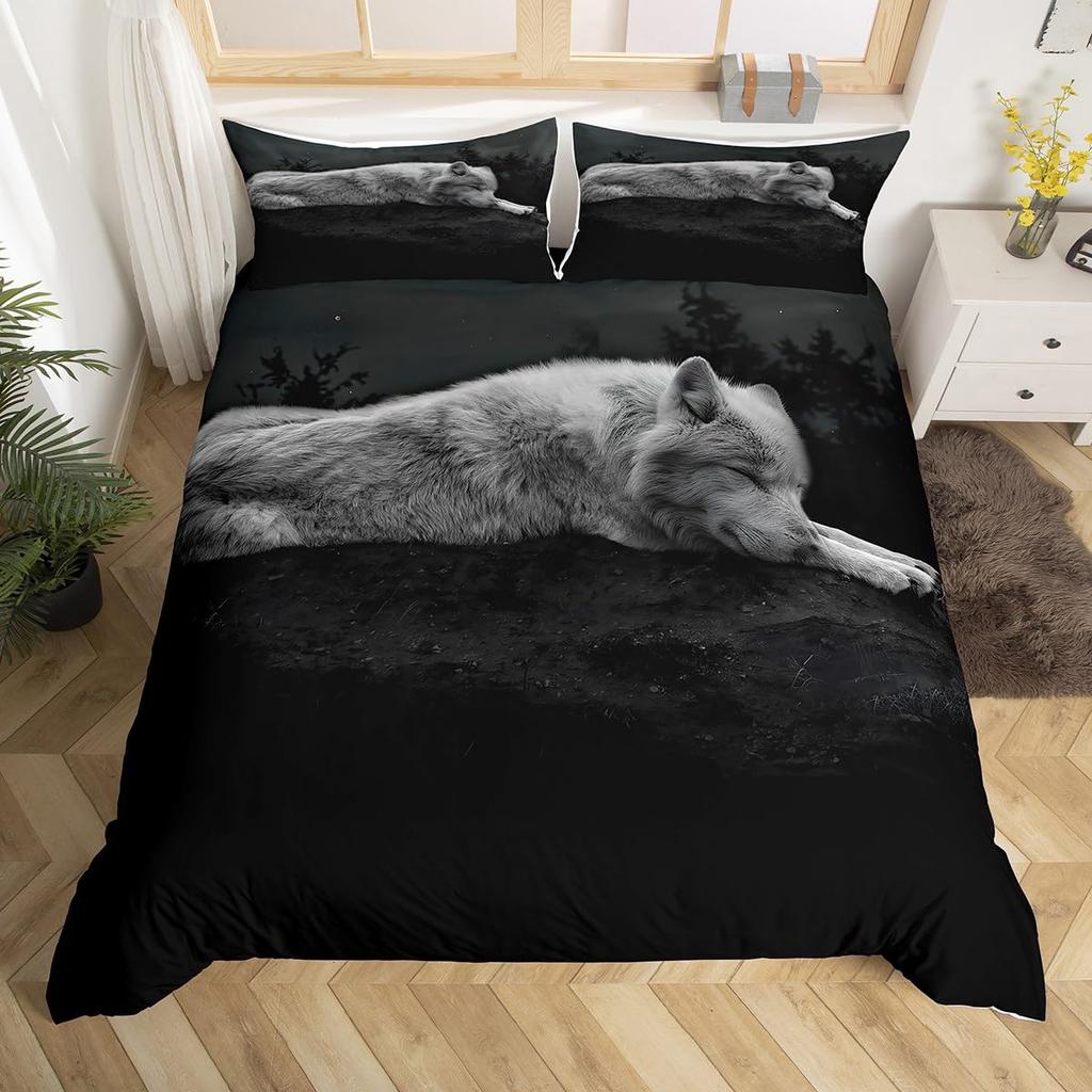 Wolf Warm Comforter Cover King Quen,Safari Animal Beding Set for Young Boys Adult Peoples Wild Wolves Soft Duvet Cover Smoky Mountain Comfortable