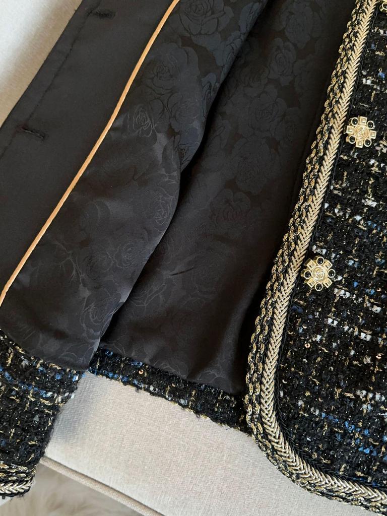 Женский черный твидовый жакет во французском стиле с кружевом A71337