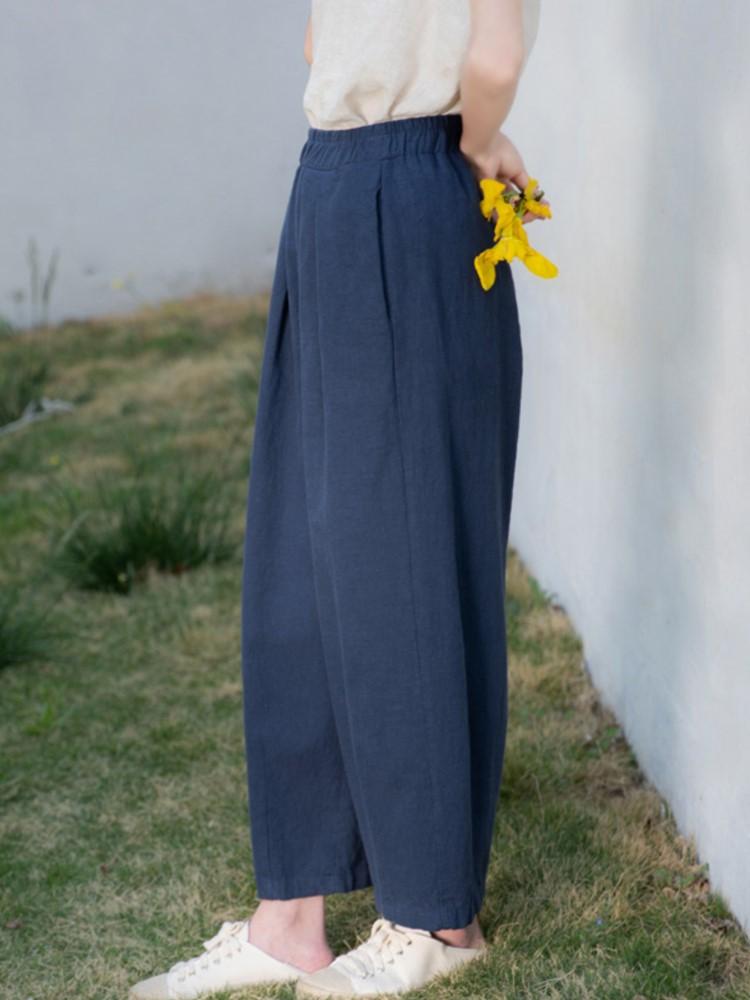 Johnature Женские винтажные льняные брюки с эластичными карманами на талии, весенние однотонные свободные брюки, женские повседневные брюки