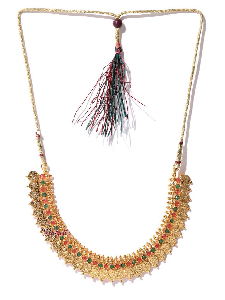 Jewellery Set for Women Gold Plated Long Traditional Coin Necklace Set and Red Green Choker Necklace Jewellery Set with Earrings for Girls and Women