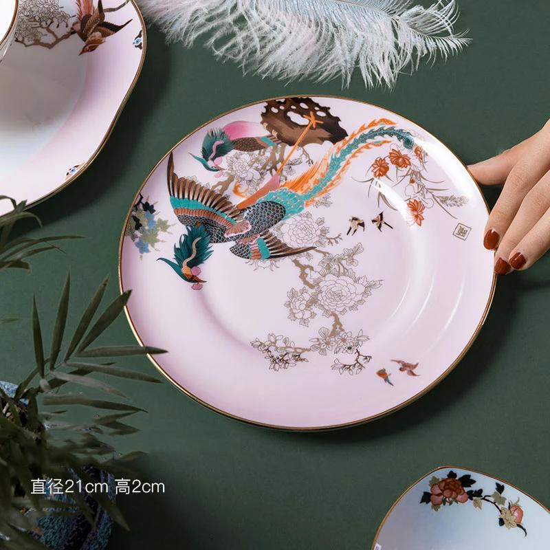 Gold Border Retro Ceramic Plate Light Luxury High End Household Dining Plates Creative Exquisite Fruit Dessert Tray Tableware