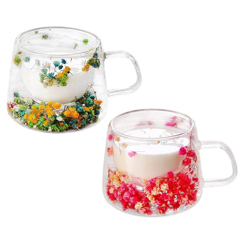 Dried Flower Decorated Double Wall Glass Cup 350ml Dried Flower Decorated Cup Home Use
