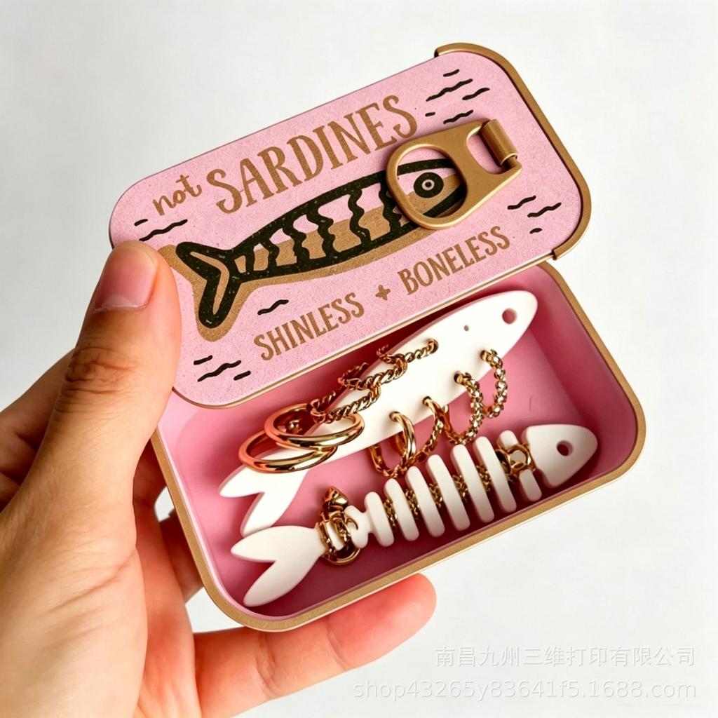 3d Printed Sardines Travel Jewelry Case Tin Like Jewelry Box with Fish-Shaped Holders for Rings, Earrings and Charms Portable Earring Organizer