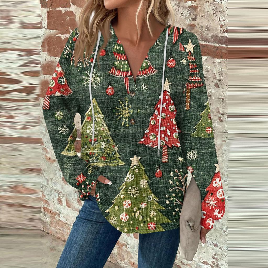 Женская мода с длинным рукавом, завязками на шнурке, капюшоном, пуговицами, V-образным вырезом, повседневная толстовка с капюшоном и рождественским принтом