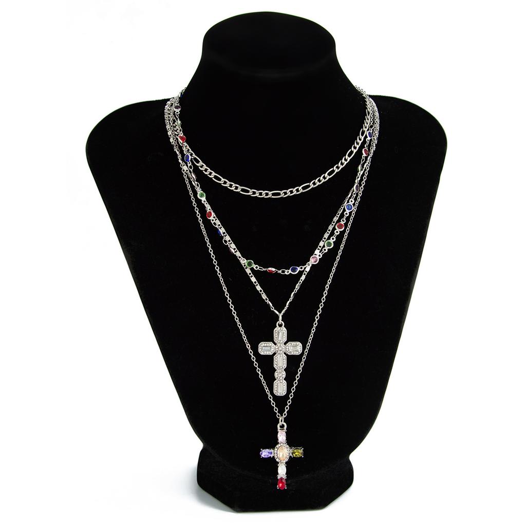 3Pcs/Set Colorful Crystal Cross Pendant Necklace for Men Hip Hop Adjustable Choker Collar Chain Christian Jewelry Accessories