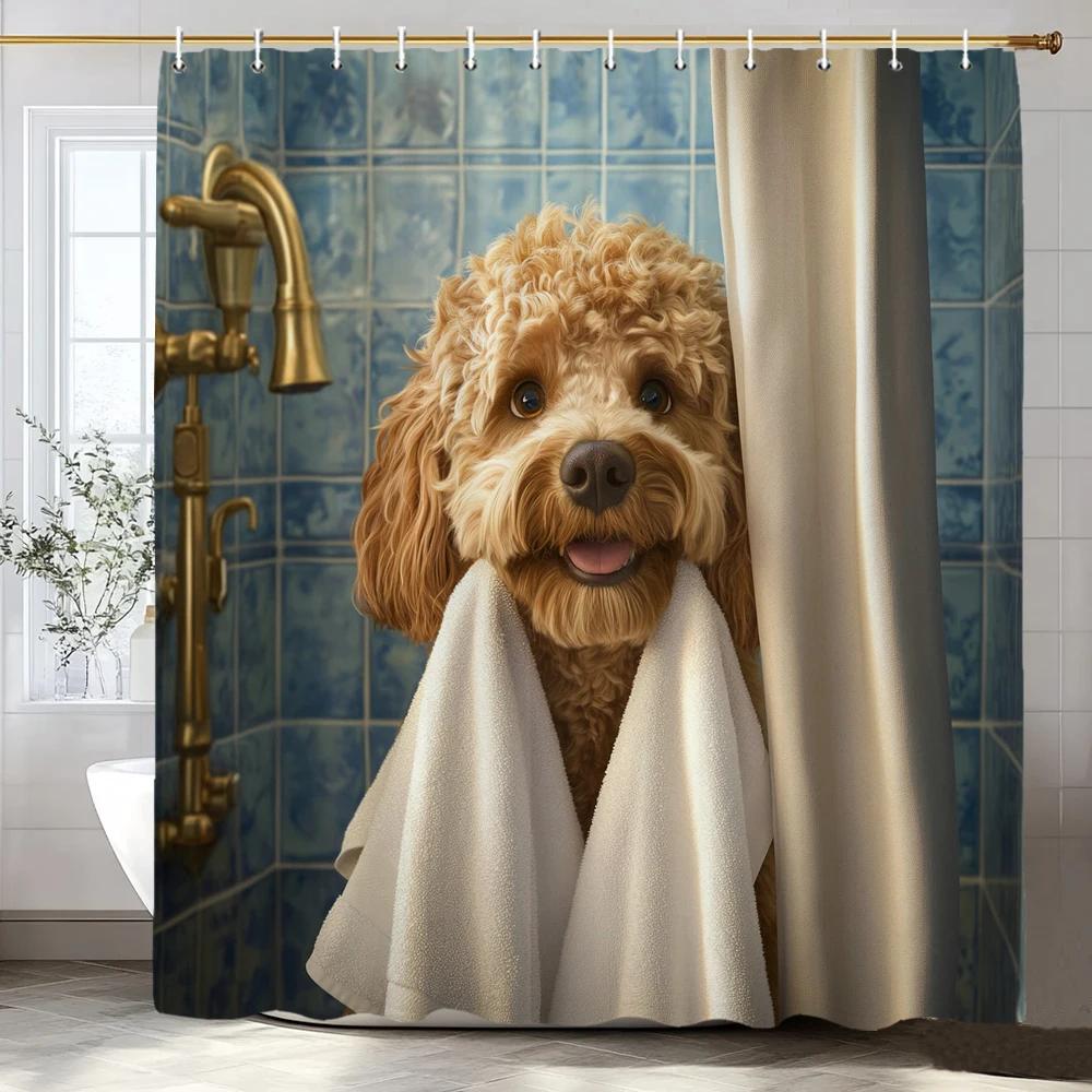 Cartoon Bathing Dog Print Shower Curtain, Polyester Shower Curtain Set with Hooks for Bathroom Decorative Shower Curtain
