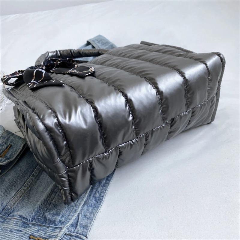 Elegant Women's Totes Bags with Silk Scarf Accent Winter Quilted Crossbody Bags for Women Casual Solid Color Padded Shoulder Bag