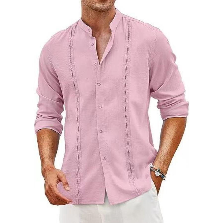 Men's Cuban Style Casual Button Summer Beach Vacation Cotton Linen Shirt Stand Collar Clothing Men