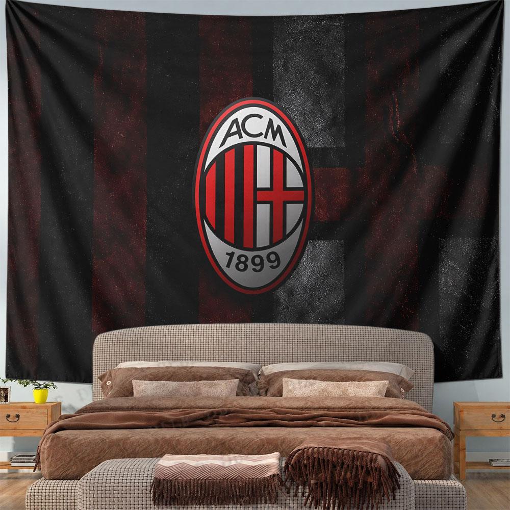 Black and red vertical stripes with a central oval AC Milan logo. Patterned tapestry for bedroom and living room home decor