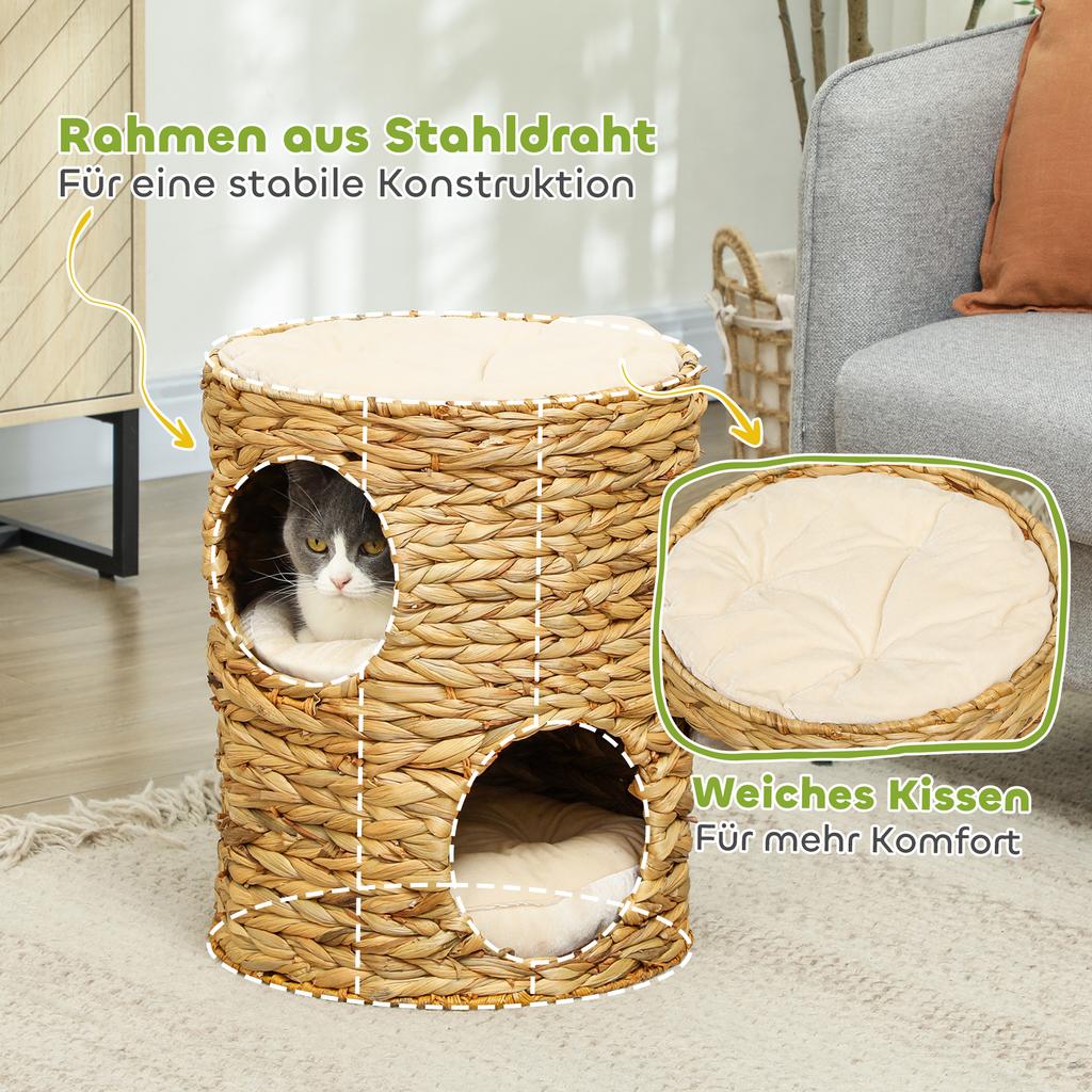 Scratching Barrel, 50 cm, 2 Caves, Cushion, Scratching Post with Cat Bed, Cat Tower made of Water Hyacinth, Light Brown