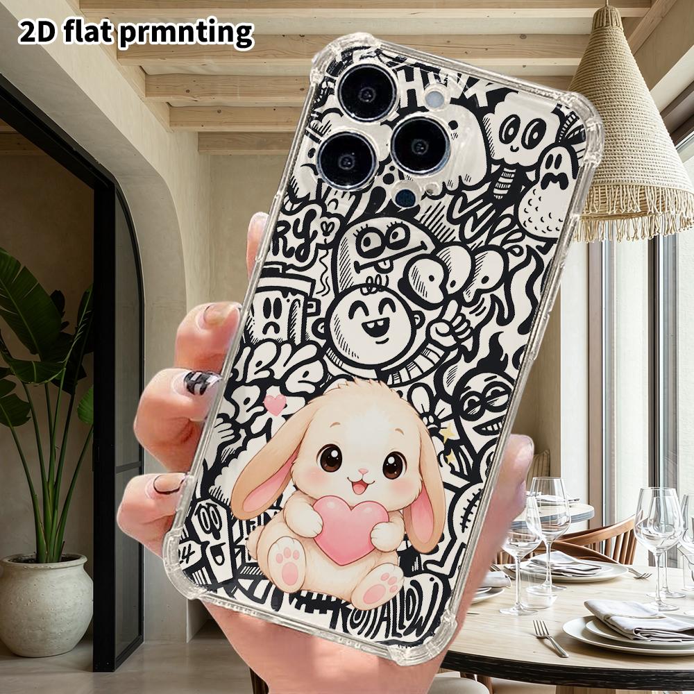 Чехол для телефона: 2D плоский, подходит для iPhone 18 17 16 15 14 13 Pro, прозрачный защитный чехол с четырьмя углами, кролик с длинными ушами, рождественский и хэллоуинский подарок