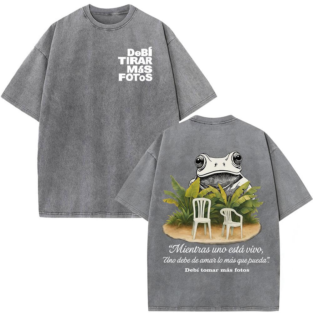 Rapper Bad Bunny Vintage Washed T Shirts Debi Tirar Mas Fotos DTMF Album Tshirts Mens Clothing Fashion Hip Hop Cotton Tshirt