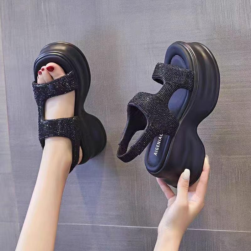 Женские летние новые туфли на толстой подошве со стразами, модные и универсальные