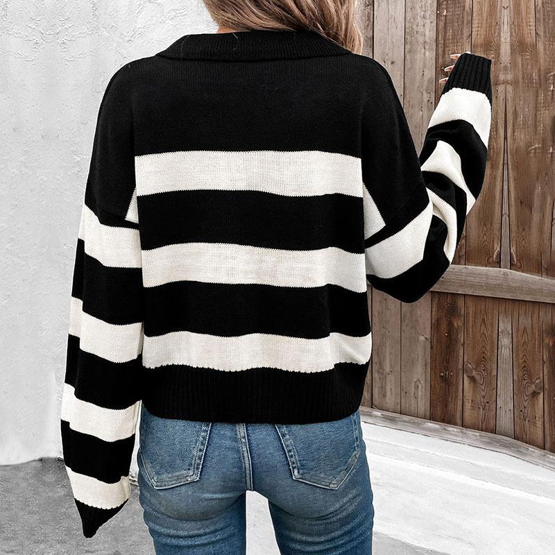 Autumn Women's Sweater Loose Top Striped Lapel Knitwear