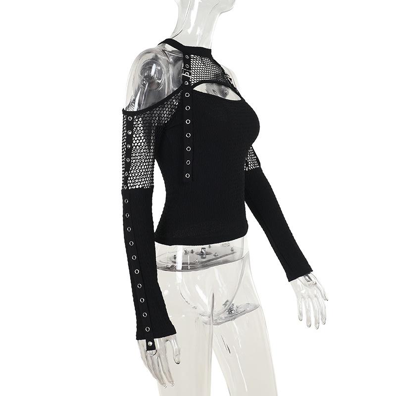 AltGoth Mall Gothic Sexy T-shirt Women Streetwear Harajuku Y2k E-girl Mesh Patchwork Hollow Out Long Sleeve Halter Crop Tee Tops