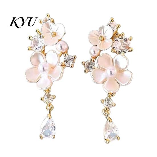Delicate Gift for Her 1 Pair Flower Dangle Drop Earrings Women, Pink Non-slip Secure Fit with Rhinestone Teardrop Charm, Statement Jewelry Wedding,