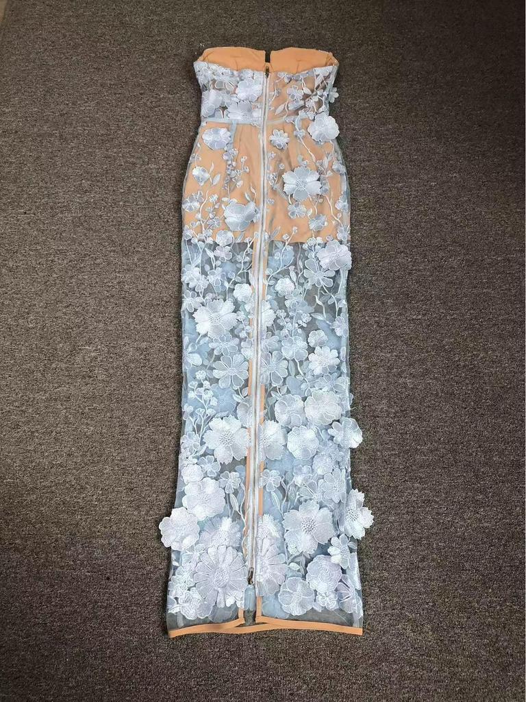 Европейский и американский дизайн Синее вечернее платье без бретелек с 3D-цветочными деталями