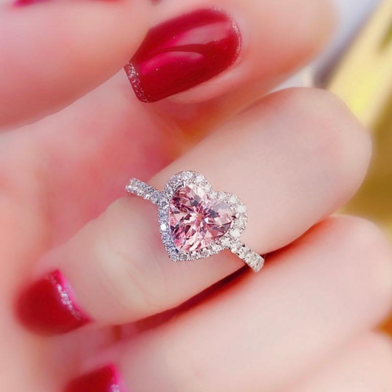 Luxury Heart Shape Pink Copper Color Cute Fashion Promise Ring for Women Girl Party Wedding Gift Trendy Zircon