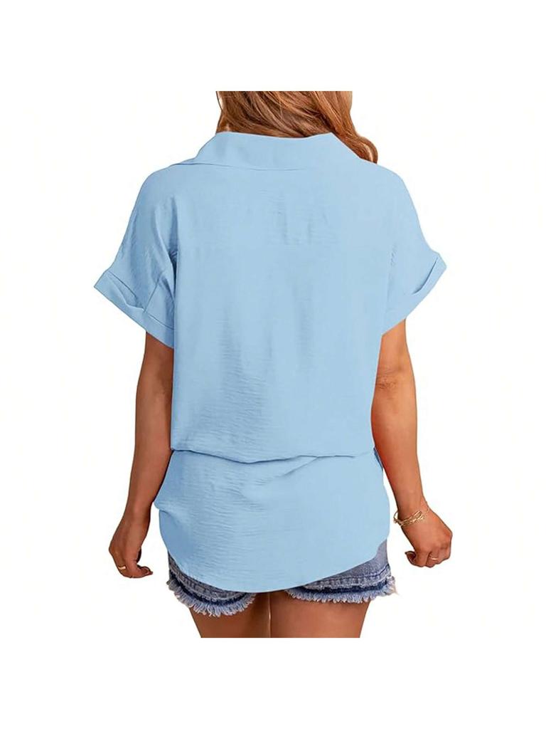 Women's Button Down Shirt Short Sleeve Loose Summer Blouse Top with Pockets